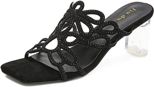 Women's Heeled Mules Sandals Slip On Lucite Block Chunky Heels Slides Suede Rhinestone Sqaure Open Toe Summer Dress Fashio High Heel Slippers