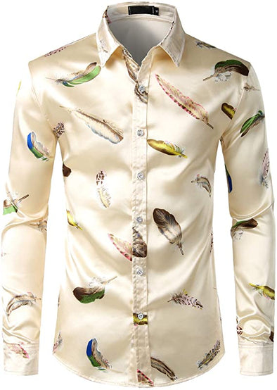 Men's Luxury Printed Silk Like Satin Button Down Dress Shirt for Party Prom