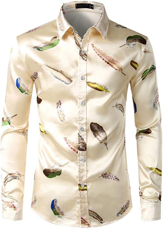 Men's Luxury Printed Silk Like Satin Button Down Dress Shirt for Party Prom