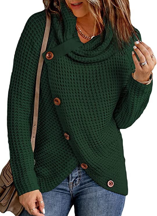 Women's Chunky Turtle Cowl Neck Knit Wrap Asymmetric Hem Sweater Coat with Button Details