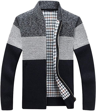Men's Classic Band Collar Full Zip Color-Block Stripe Cable Knitted Cardigan Sweater Coat