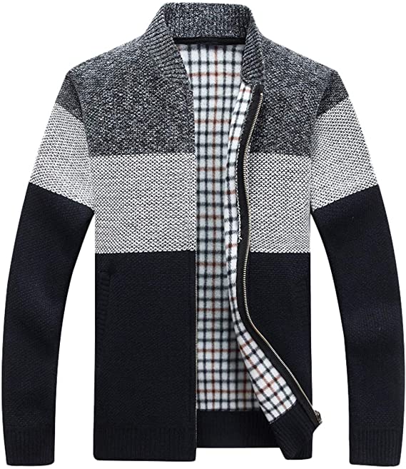 Men's Classic Band Collar Full Zip Color-Block Stripe Cable Knitted Cardigan Sweater Coat