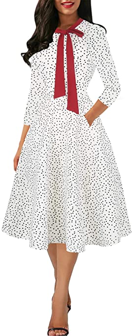 Women's Vintage Bow Tie V-Neck Pockets Casual Work Party Cocktail Swing A-line Dresses OX278