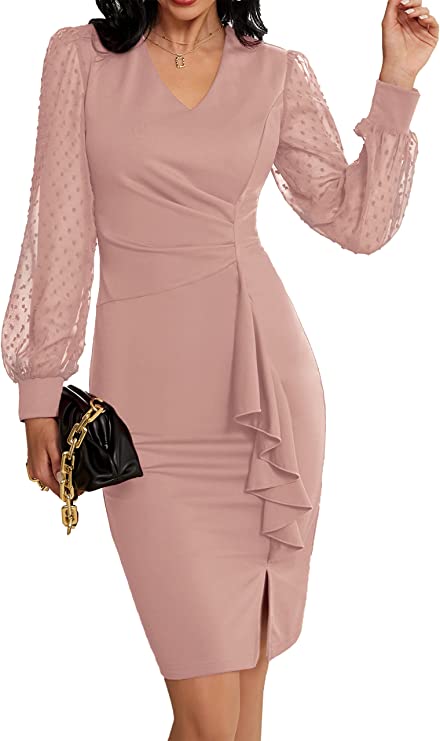 Cocktail Dresses Elegant V Neck Long Sleeve Peplum Evening Dress