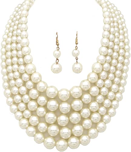 Women's Simulated Faux Pearl Five Multi-Strand Statement Necklace and Earrings Set