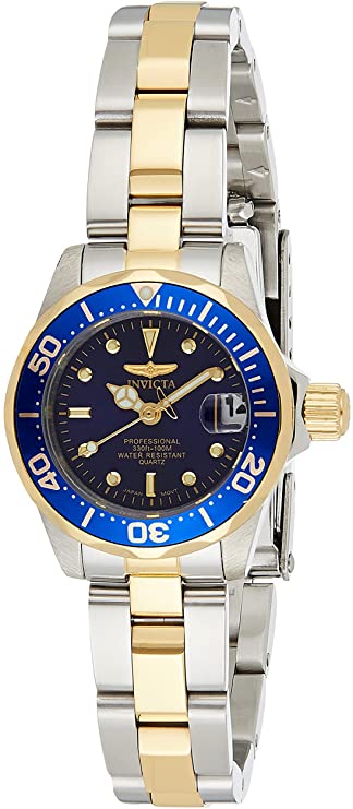 Invicta Women's Pro Diver 24.5mm Steel and Gold Tone Stainless Steel Quartz Watch, Two Tone/Blue