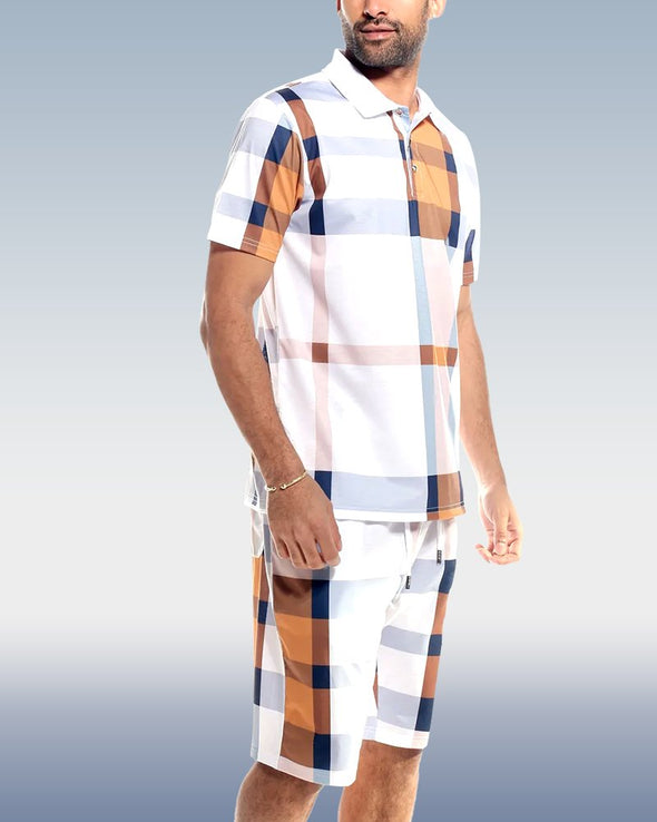 Men's White Plaid Polo Shirt 2 Piece Shorts Set