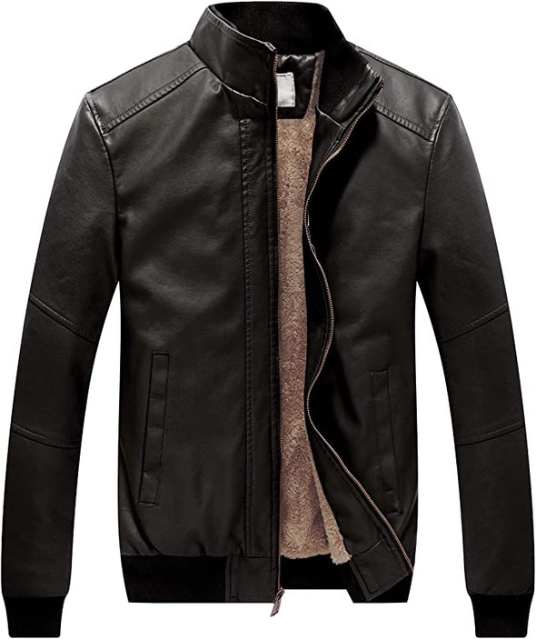 Men's Stand Collar Fleece Lined Bomber Faux Leather Jacket