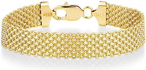 Miabella Solid 18K Gold Over Sterling Silver Italian 12mm Mesh Link Chain Bracelet for Women Men, 6.5, 7, 7.5, 8 Inch 925 Made in Italy