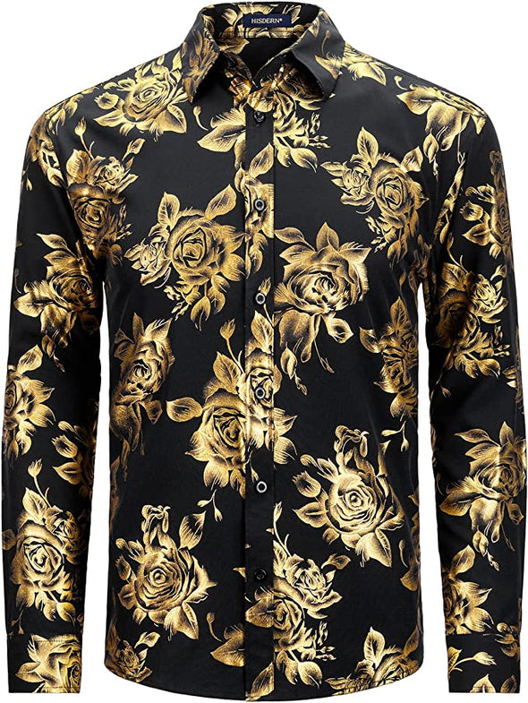 Mens Shiny Gold Rose Printed Dress Shirts Luxury Disco Nightclub Long Sleeve Button Down Wedding Prom Shirt