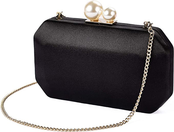 Women Satin Clutch Purse Handbags/Crossbody Hardcase Evening Bag with Pearls Closure for Party