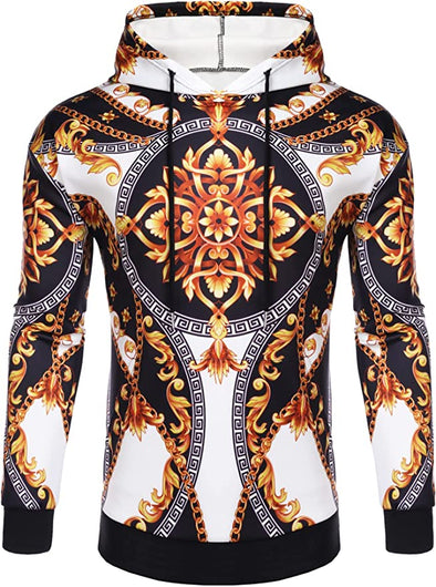 Men's Luxury Casual Long Sleeve Floral Print Hooded Sweatshirt