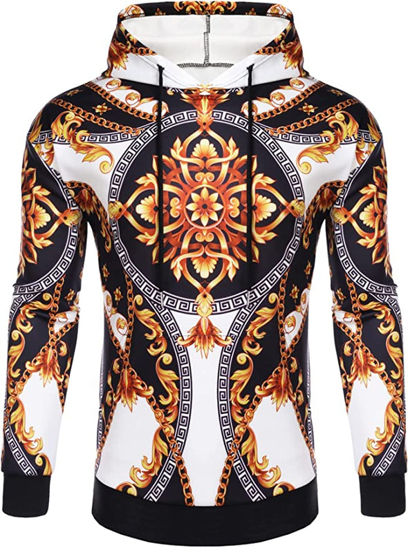 Men's Luxury Casual Long Sleeve Floral Print Hooded Sweatshirt