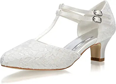 Women's Bridal Shoes Closed Toe T-Strap Block Low Heel Lace Satin Pumps Wedding Shoes