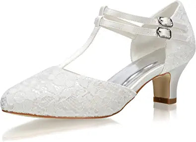 Women's Bridal Shoes Closed Toe T-Strap Block Low Heel Lace Satin Pumps Wedding Shoes