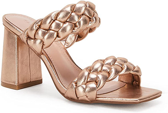 Womens Braided Heeled Sandals Backless Square Open Toe Block Strappy Slip On Slide Shoes