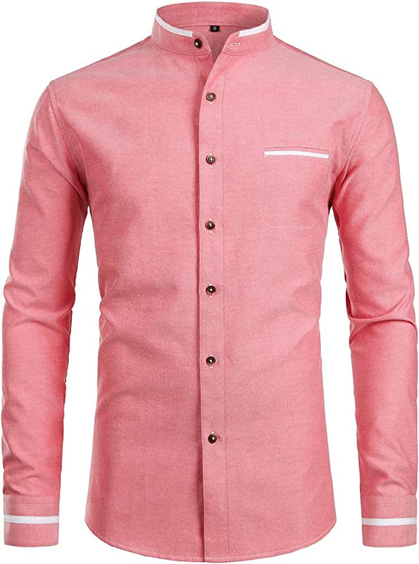 Mens Hipster Mandarin Collar Slim Fit Long Sleeve Casual Button Down Oxford Dress Shirt with Pocket