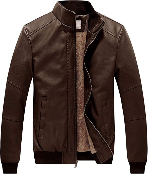Men's Stand Collar Fleece Lined Bomber Faux Leather Jacket