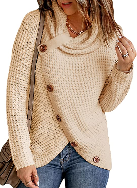 Women's Chunky Turtle Cowl Neck Knit Wrap Asymmetric Hem Sweater Coat with Button Details