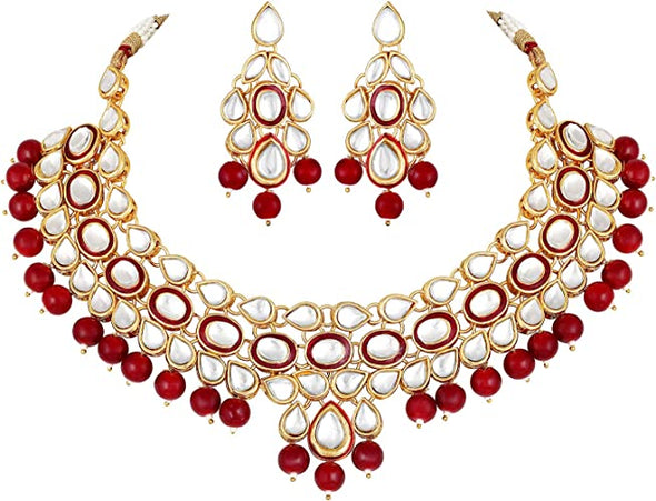 Ethnic Maroon Drop Beads Faux Kundan Necklace Earrings Bollywood Indian Fashion Party Jewelry Set for Women