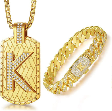 Mens Initial Necklace and Bracelet Gold Jewelry Gift for Men Boyfriend Husband (Letter K)