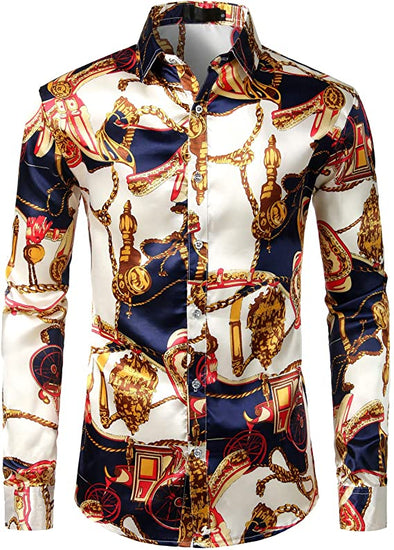 Men's Luxury Printed Silk Like Satin Button Down Dress Shirt for Party Prom
