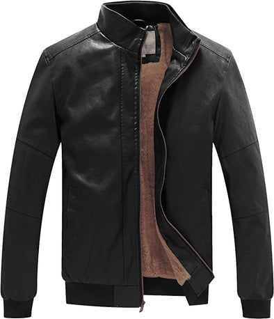 Men's Stand Collar Fleece Lined Bomber Faux Leather Jacket