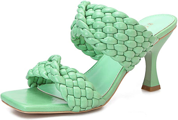 Women's Stiletto Mules Sandals Slip On Square Open Toe Dress Backless Heeled Slippers High Heel Slides