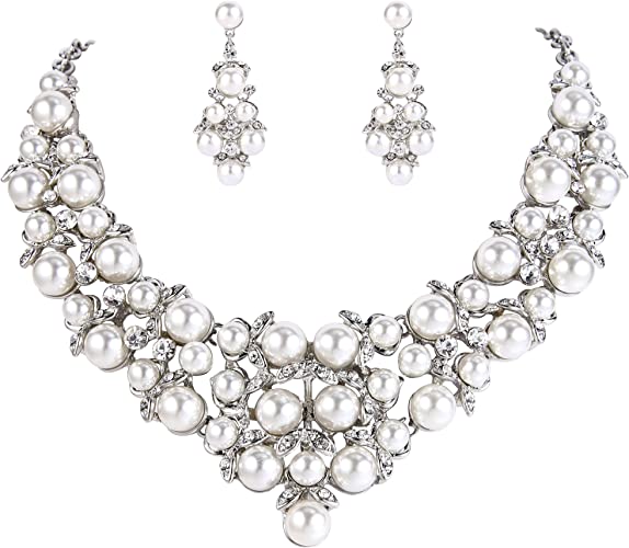 Women's Wedding Bridal Crystal Cream Simulated Pearl Cluster Statement Necklace Dangle Earrings Set