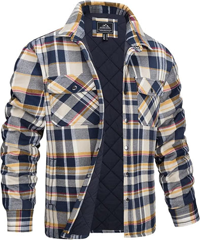 Men's Flannel Shirt Jacket with Quilted Lined Long Sleeve Plaid Coat Button Down Thick Outwear Winter