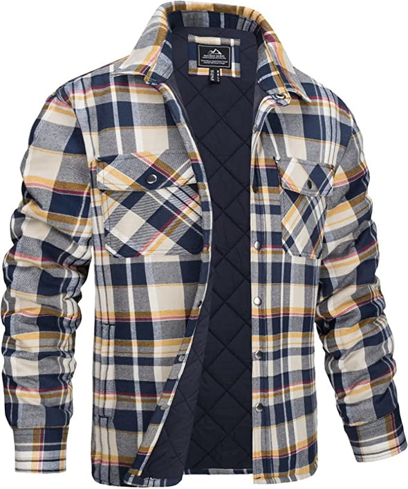 Men's Flannel Shirt Jacket with Quilted Lined Long Sleeve Plaid Coat Button Down Thick Outwear Winter