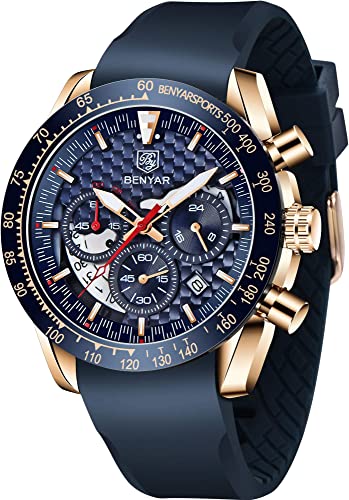 Fashion Men's Quartz Chronograph Waterproof Silicone Watches Business Casual Sport Design Wrist Watch for Men Perfect for Father Son Black Blue Rose Gold