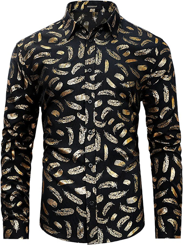 Men's Shiny Rose Gold Dress Shirts Nightclub Floral Printed Long Sleeve Shirts 70s Paisley Button Down Party Shirt