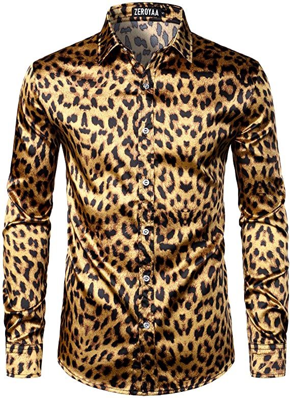 Men's Hipster Printed Silk Like Satin Button Up Dress Shirt for Party Prom