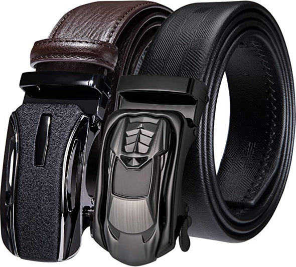 Men's Belt Gift Set 2 Pack,Ratchet Buckle Adjustable Genuine Leather Designer for Business Dress Waist Belt 130CM