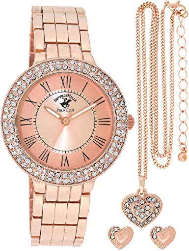 Beverley Hills Polo Club Women's Quartz Rose Gold Watch Set - Matching Heart Necklace