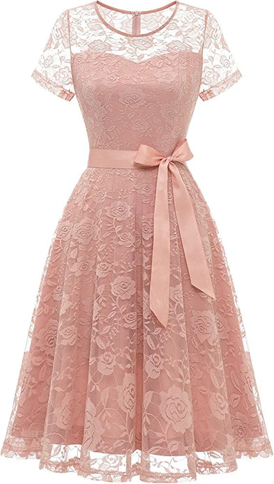 Women's Floral Lace Dress Short Bridesmaid Dresses with Sheer Neckline