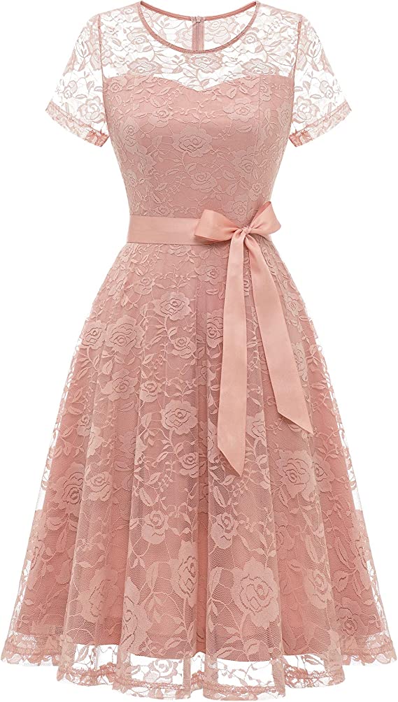 Women's Floral Lace Dress Short Bridesmaid Dresses with Sheer Neckline