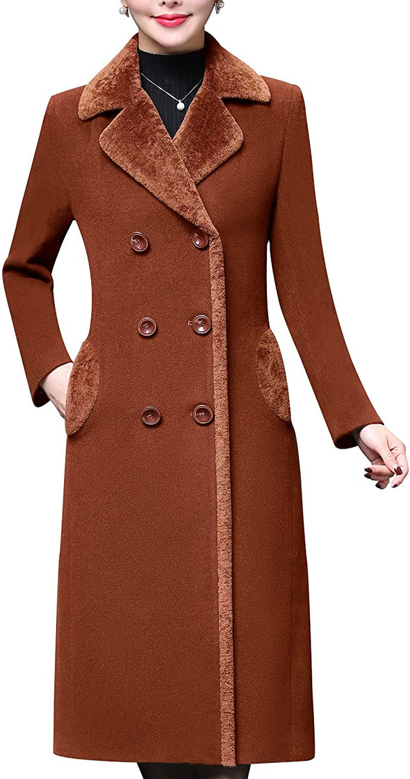 Women's Double-Breasted Notched Lapel Midi Wool Blend Pea Coat Jackets