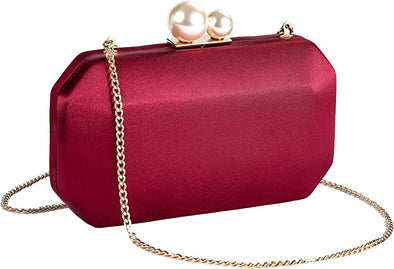 Women Satin Clutch Purse Handbags/Crossbody Hardcase Evening Bag with Pearls Closure for Party