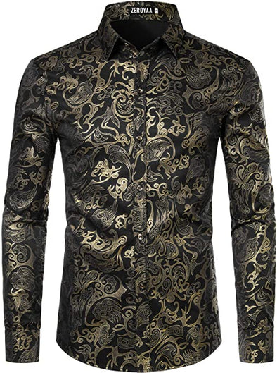 Men's Luxury Gold Prom Design Slim Fit Long Sleeve Button up Party Dress Shirts