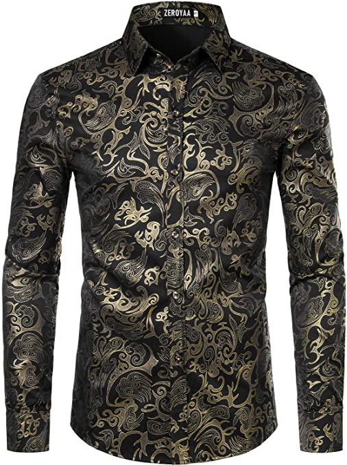 Men's Luxury Gold Prom Design Slim Fit Long Sleeve Button up Party Dress Shirts
