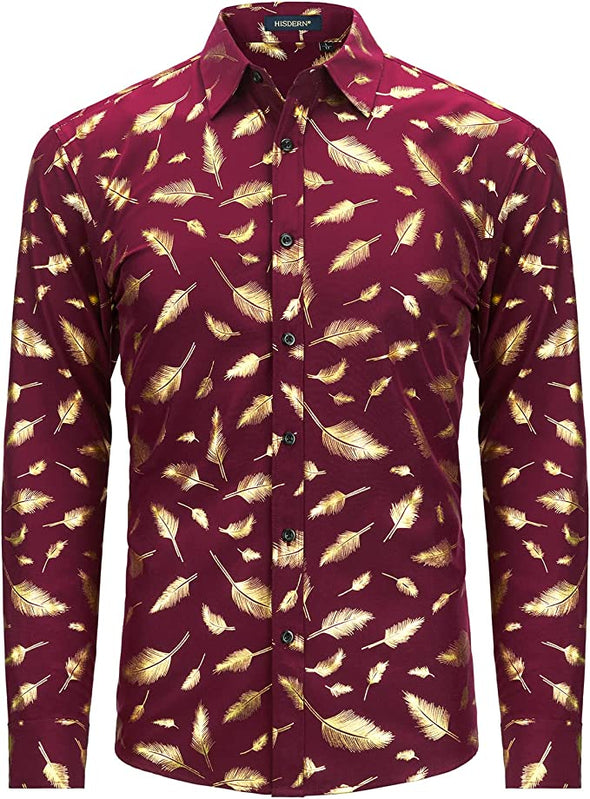 Mens Shiny Gold Rose Printed Dress Shirts Luxury Disco Nightclub Long Sleeve Button Down Wedding Prom Shirt
