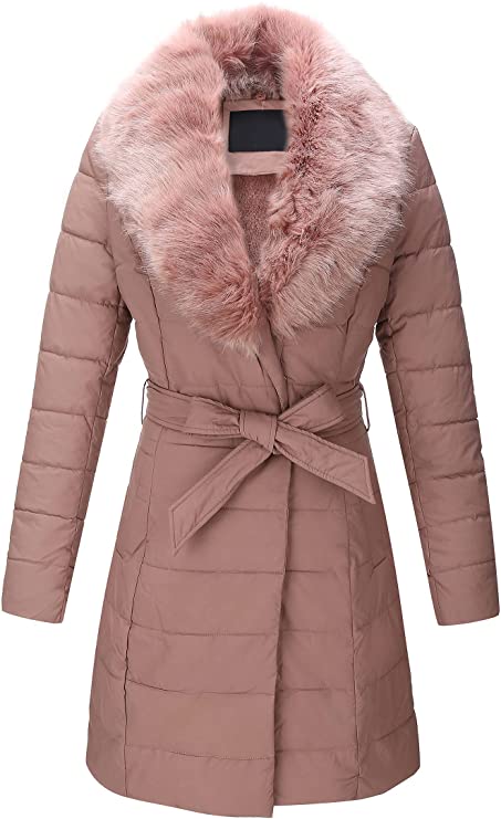 Puffer Jacket Women Winter Fashion Padded Leather Belted Bubble Long Coats with Detachable Faux Fur Collar