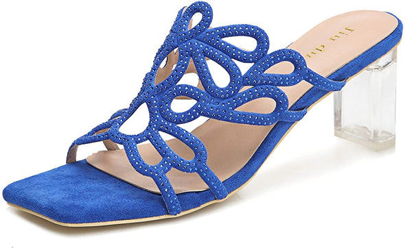 Women's Heeled Mules Sandals Slip On Lucite Block Chunky Heels Slides Suede Rhinestone Sqaure Open Toe Summer Dress Fashio High Heel Slippers