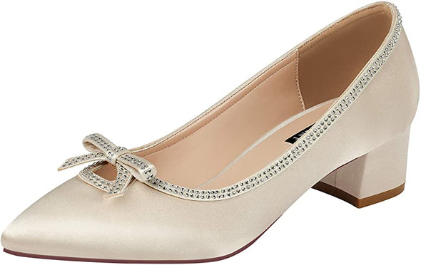 Women Comfort Pumps Chunky Block Low Heels Closed Toe Rhinestones Satin Wedding Bridal Shoes