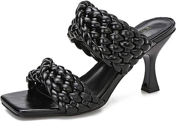 Women's Stiletto Mules Sandals Slip On Square Open Toe Dress Backless Heeled Slippers High Heel Slides