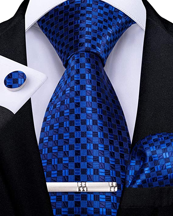 Plaid Tie Men's Silk Tie and Pocket Square Cufflinks Tie Clip Set Wedding Business