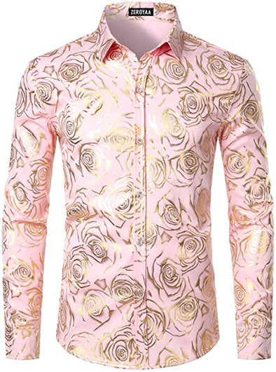 Men's Nightclub Rose Gold Shiny Flowered Printed Slim Fit Button Down Dress Shirts for Party