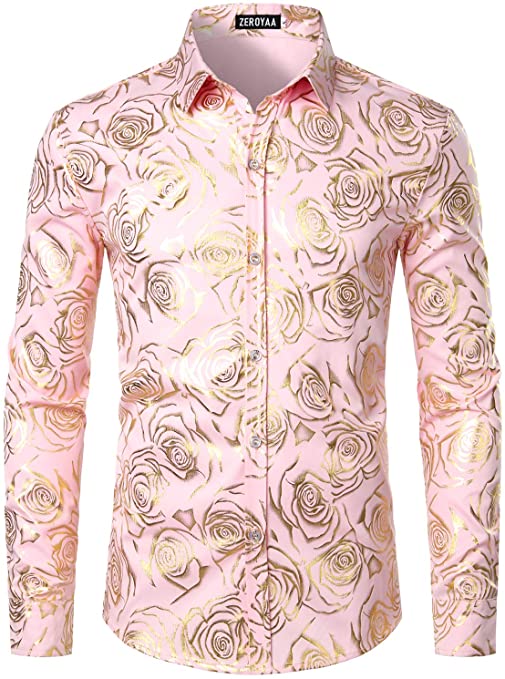 Men's Nightclub Rose Gold Shiny Flowered Printed Slim Fit Button Down Dress Shirts for Party